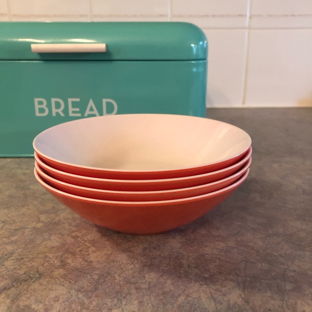 70's Coral/White Melamine Soup Bowls - 4 - Dorchester - Unbreakable Cereal Bowls